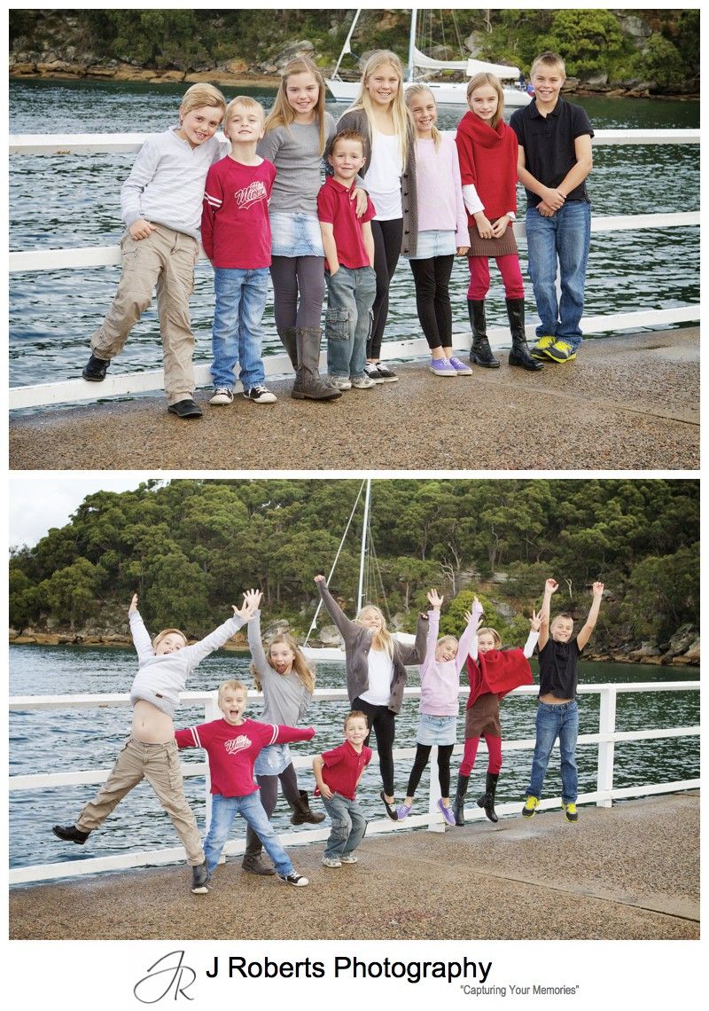 8 cousins jumping for extended family portrait photograph - sydney family portrait photographer